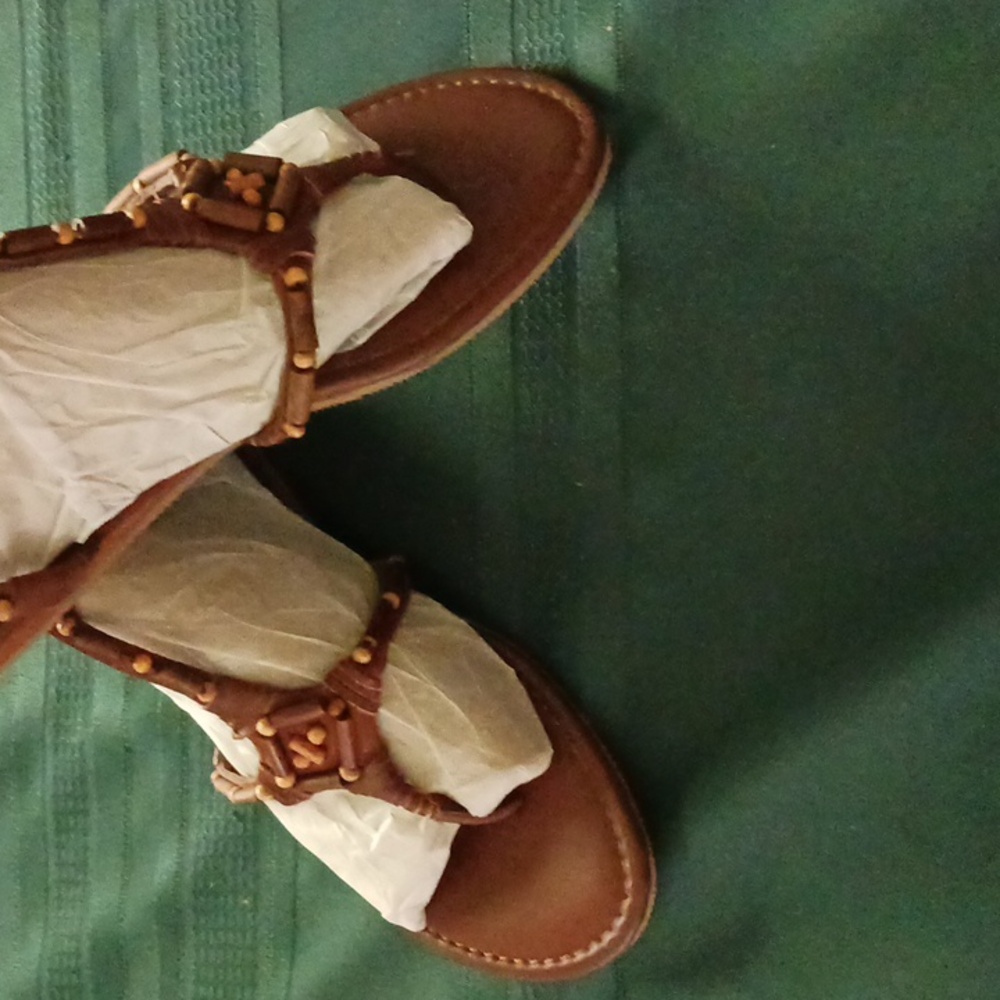 Cole Hann brown leather sandals, size 8.5, wooden beads decor,  never worn